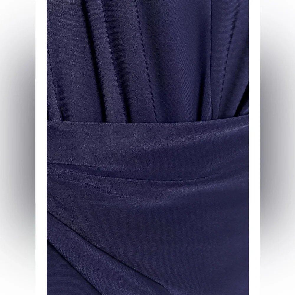 Zara NWT navy blue draped ruched v neck shoulder padded stretchy jumpsuit